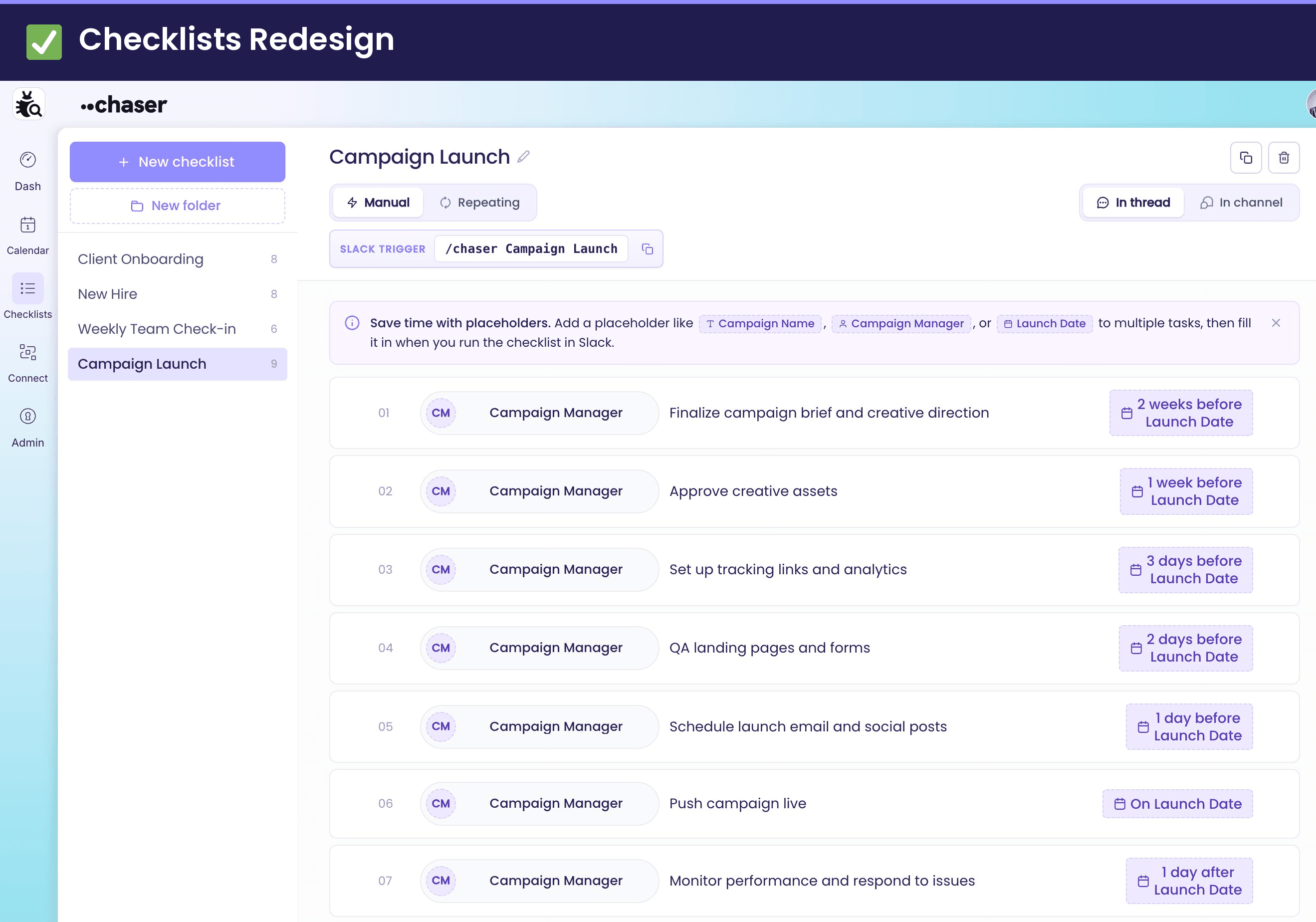 Redesigned Chaser checklists editor showing a campaign launch checklist